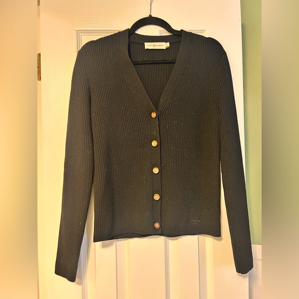 Tory Burch Black Ribbed Cardigan